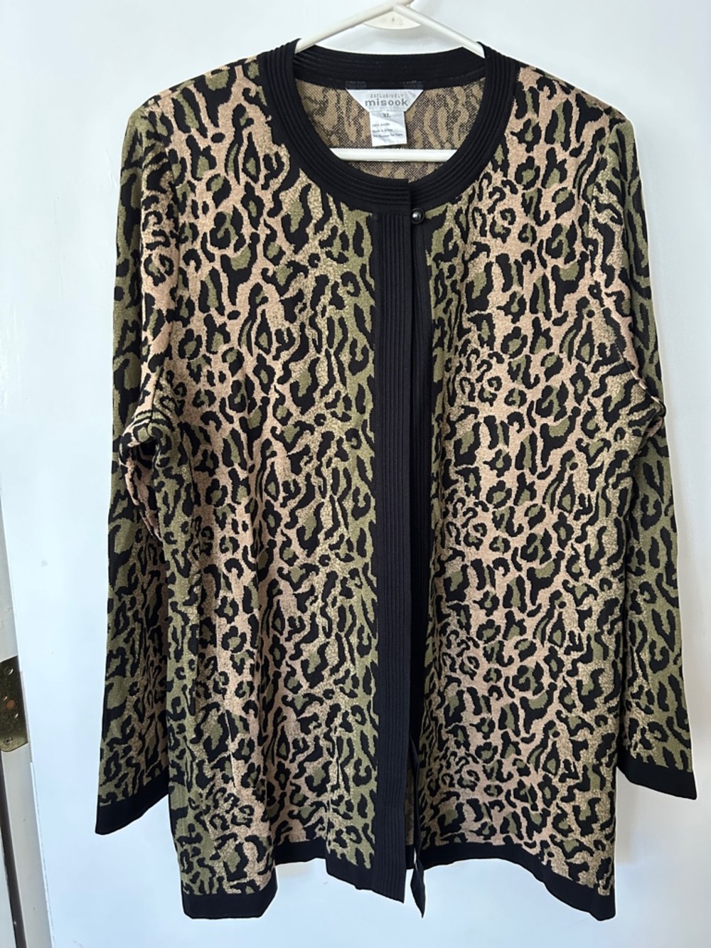 Misook Olive & Beige Leopard Jacquard Cardigan with Black Trim XL